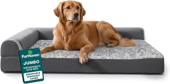 Furhaven Orthopedic Dog Bed for Large Dogs w/ Removable Bolsters & Washable Cover, For Dogs Up to 95 lbs - Two-Tone Plush Faux Fur & Suede L Shaped Chaise - Stone Gray, Jumbo/XL