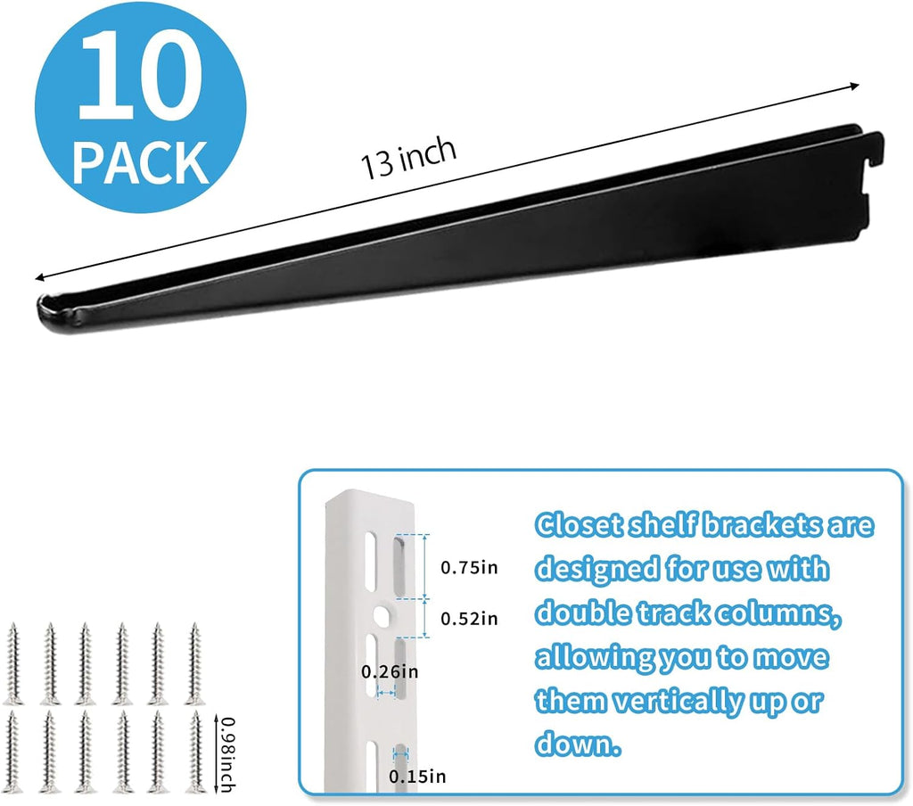 10 Pack 13‑Inch Adjustable Wire Shelf Brackets – Heavy‑Duty Double‑Track Closet & Wall Shelving System Supports（Black）