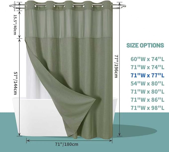 eachope SageGreen No Hook Waffle Weave Shower Curtain with snap-in Liner Replacement, 230GSM Waterproof Fabric Hotel Shower Curtain Set for Bathroom, Through Mesh Top Window,71Wx77H