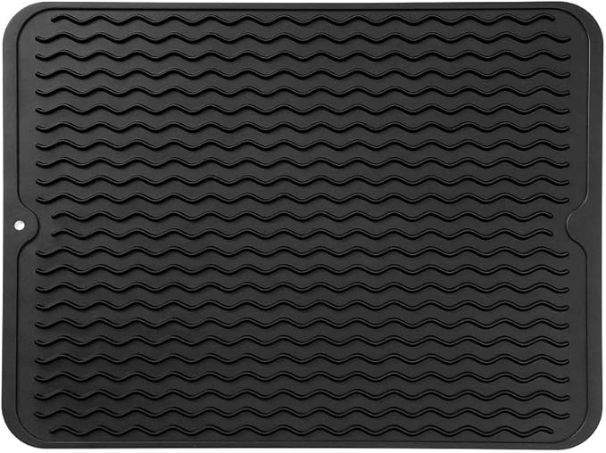 Silicone Dish Drying Mat for Multiple Usage,Easy clean,Eco-friendly,Heat-resistant Silicone Mat for Kitchen Counter or Sink,Refrigerator or drawer liner Black L 16 inches x 12 inches
