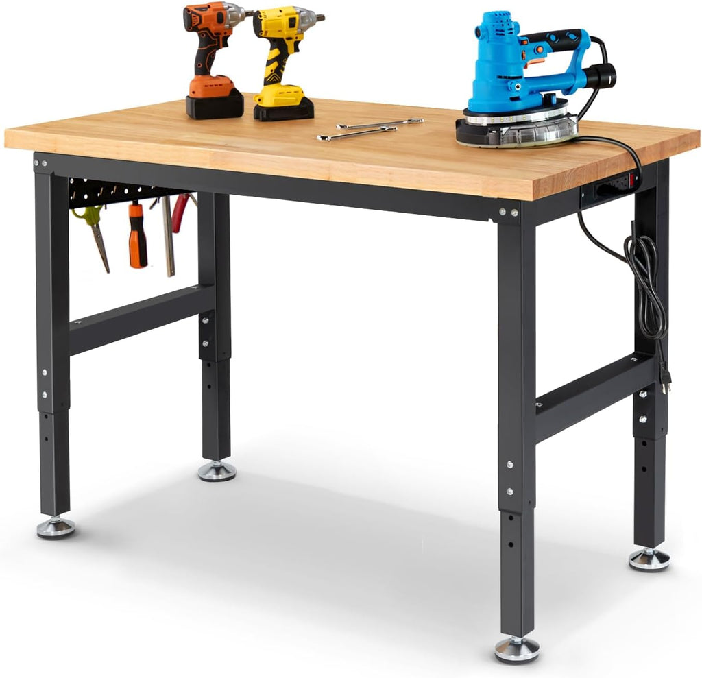Workbench for Garage 48 Inch Work Bench Table Adjustable Height Rubberwood Tabletop Work Table with Power Outlets for Woodworking Shop Home Office Electronic Cutting Wood