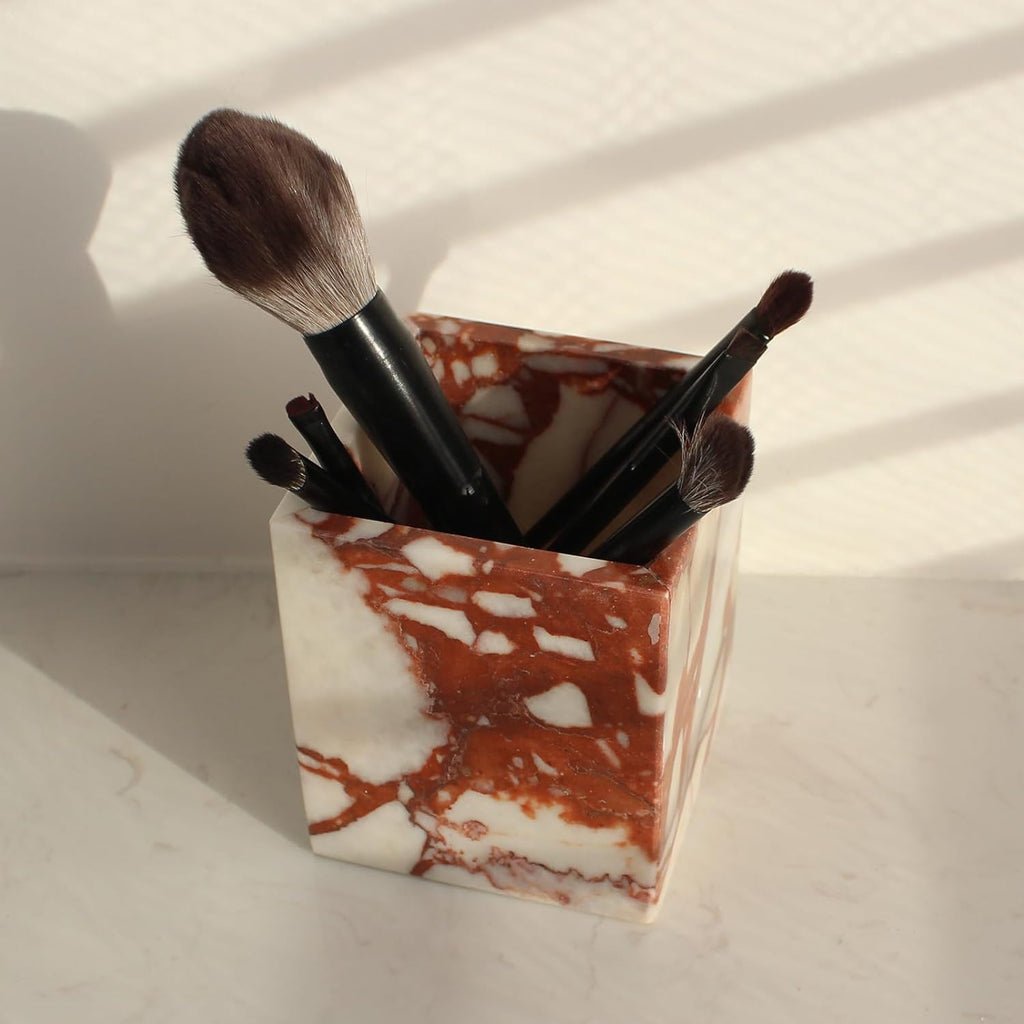 Calacatta Red Marble Toothbrush Holders for Bathroom, Natural Marble Makeup Brush Holder Countertop Organizer