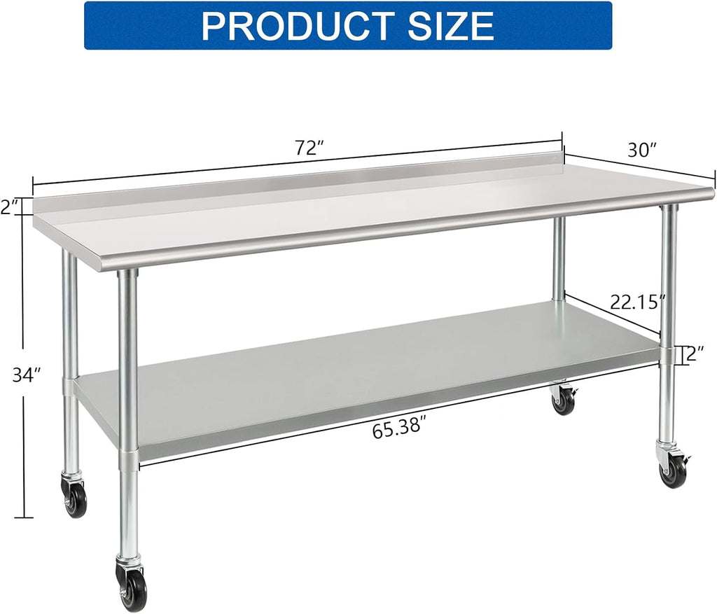 HARDURA Stainless Steel Table with Wheels 30X72 Inches NSF Heavy Duty Commercial Prep Table with 2” Backsplash and Adjustable Undershelf for Food Prep