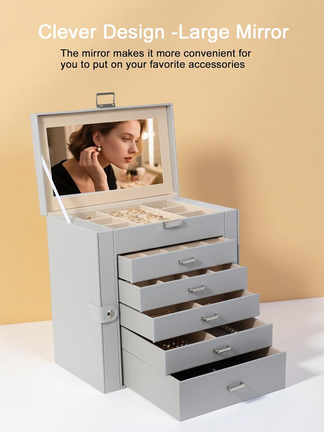 BOOVO Jewelry Box For women, 6 Layer Large Jewelry Organizer With Mirror, Multi-Function Storage Box With Lock, Necklace Holder With 5 Drawers, For Earrings Necklace Bracelet (Silver and Grey)