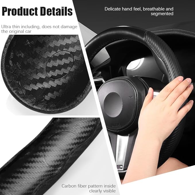 Pincuttee Carbon Fiber Steering Wheel Cover - 3PC Universal Non Slip Steering Wheel Protector, Matte Black