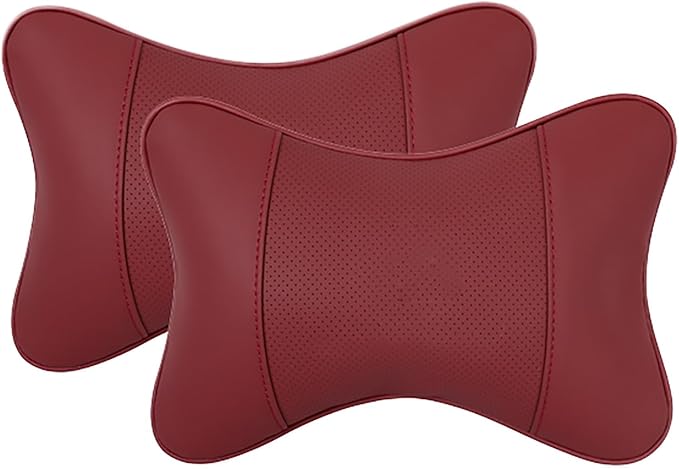 Car Pillow for Car Neck Pillow for Driving Seat Leather Neck Support Soft Cushion Back Support Head-Rests for Vehicle Sleeping with Elastic Adjustment Strap 2PCS (Neck, Red)
