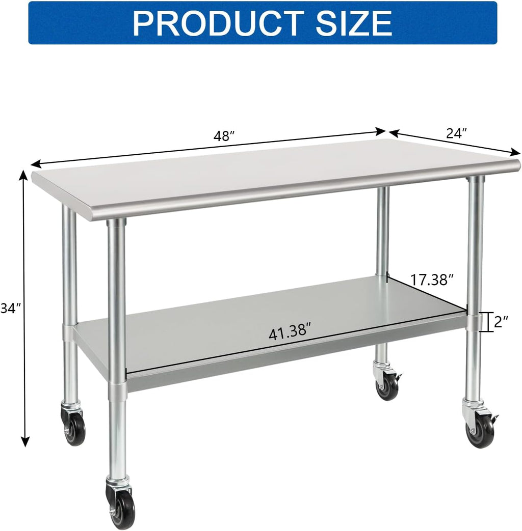 HARDURA Stainless Steel Table with Wheels 24 x 48 Inches Casters NSF Heavy Duty Commercial Work & Prep Table with Undershelf and Galvanized Legs for Restaurant Kitchen Bar and Hotel Garage