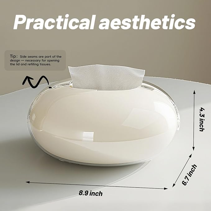 Modern Tissue Box Cover for Home and Office – Magnetic Lid Oval Tissue Holder, Inside Dimensions 8.07" × 5.91" × 3.44", Decorative Clear Double-Layer Plastic, Luxe Home Decor (White)