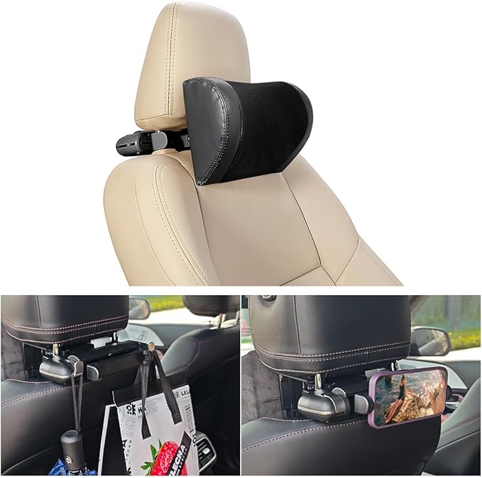 Mandark Car Neck Pillow, Memory Foam Vehicles Adjustable Support Headrest Pillow with Hook ＆ Tablet Phone Holder Mount, Multifunctional Auto Interior Accessories, Universal for SUV RV Truck (Black)