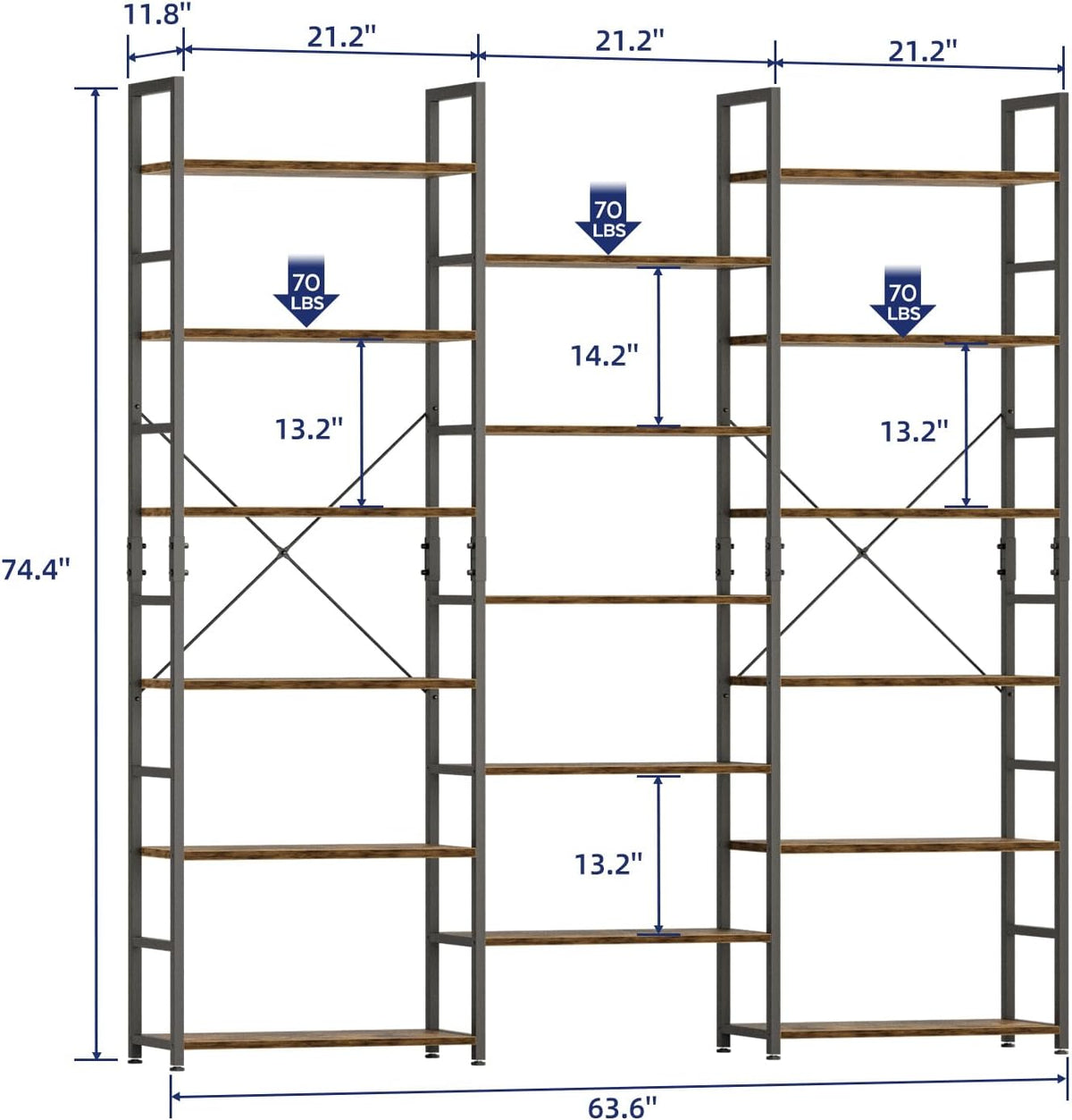 NUMENN Triple Column 6 Tier Bookshelf, Bookcase with 17 Open Display Shelves, Adjustable Rustic Industrial Style Book Shelves, Modern Bookshelves for Bedroom, Living Room and Home Office, Vintage