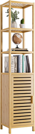 HITNET Bathroom Floor Cabinet, 6 Tier Tall Thin Linen Tower Storage Cabinet Free Standing Bamboo, Kitchen Side Organizer with 3 Shelves and Cupboard, Natural