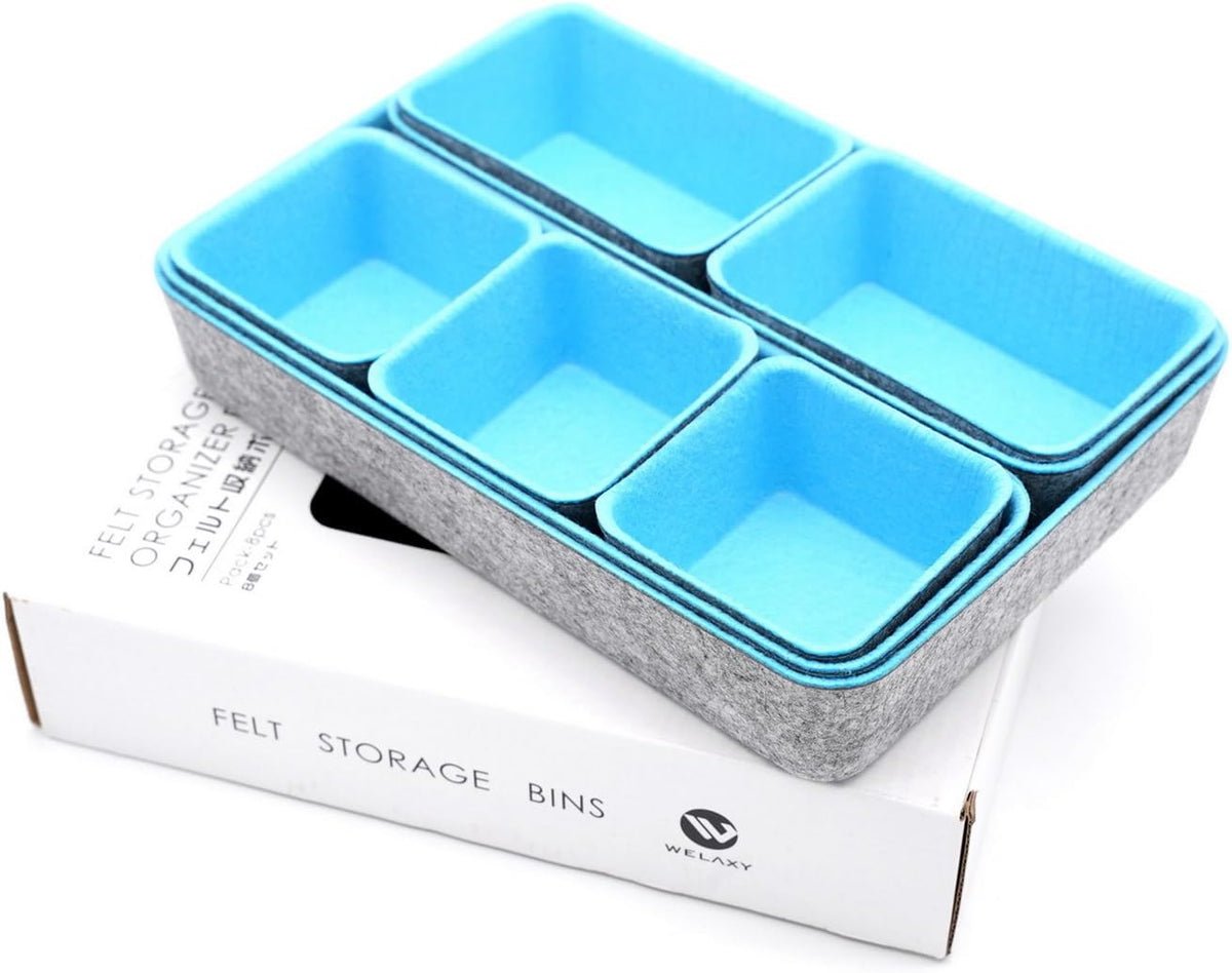 Welaxy Drawer organizers bins dividers storage trays shallow organizing box for office supplies makeup nightstand catchall key holder cozy room decor 8-piece (Baby blue)