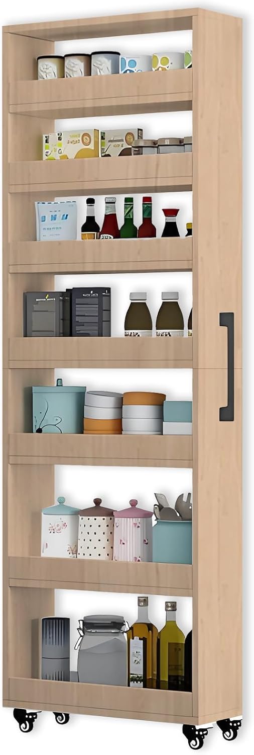 7-Tier Slim Storage Cart, Wooden Rolling Pantry Cabinet with Wheels, Narrow Shelf Organizer for Kitchen, Bakers Rack, Dining Room, Closet, Small Spaces Light Walnut 47.2" H*9.8" W*16.9" D