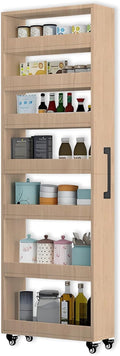 7-Tier Slim Storage Cart, Wooden Rolling Pantry Cabinet with Wheels, Narrow Shelf Organizer for Kitchen, Bakers Rack, Dining Room, Closet, Small Spaces Light Walnut 47.2" H*9.8" W*23.6" D