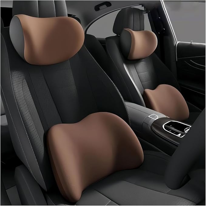 Car Lumbar Support Pillow and Car Neck Pillow Kit for Genesis GV80 2020 2021 2022 2023 2024 2025 2026, Car Seat Neck Back Rest Pillows, Ergonomic Car Seat Headrest & Lumbar Cushion,C Coffee