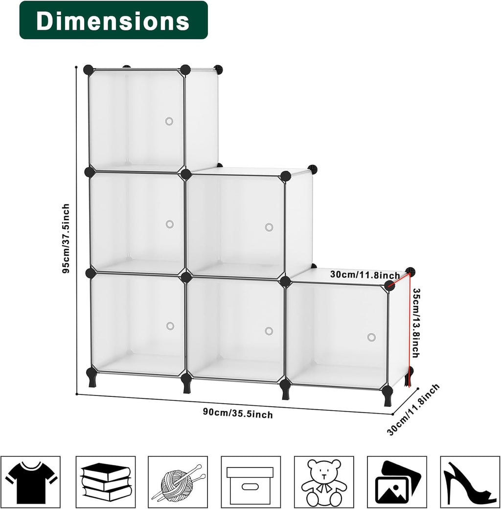 Cube Storage Organizer, 6-Cube Shelves Unit with Doors, DIY Stackable Plastic Clothes Organizer for Bedroom and Under Stairs Storage Unit, 30 x 30 x 30 cm Frosted White ATTSL6003