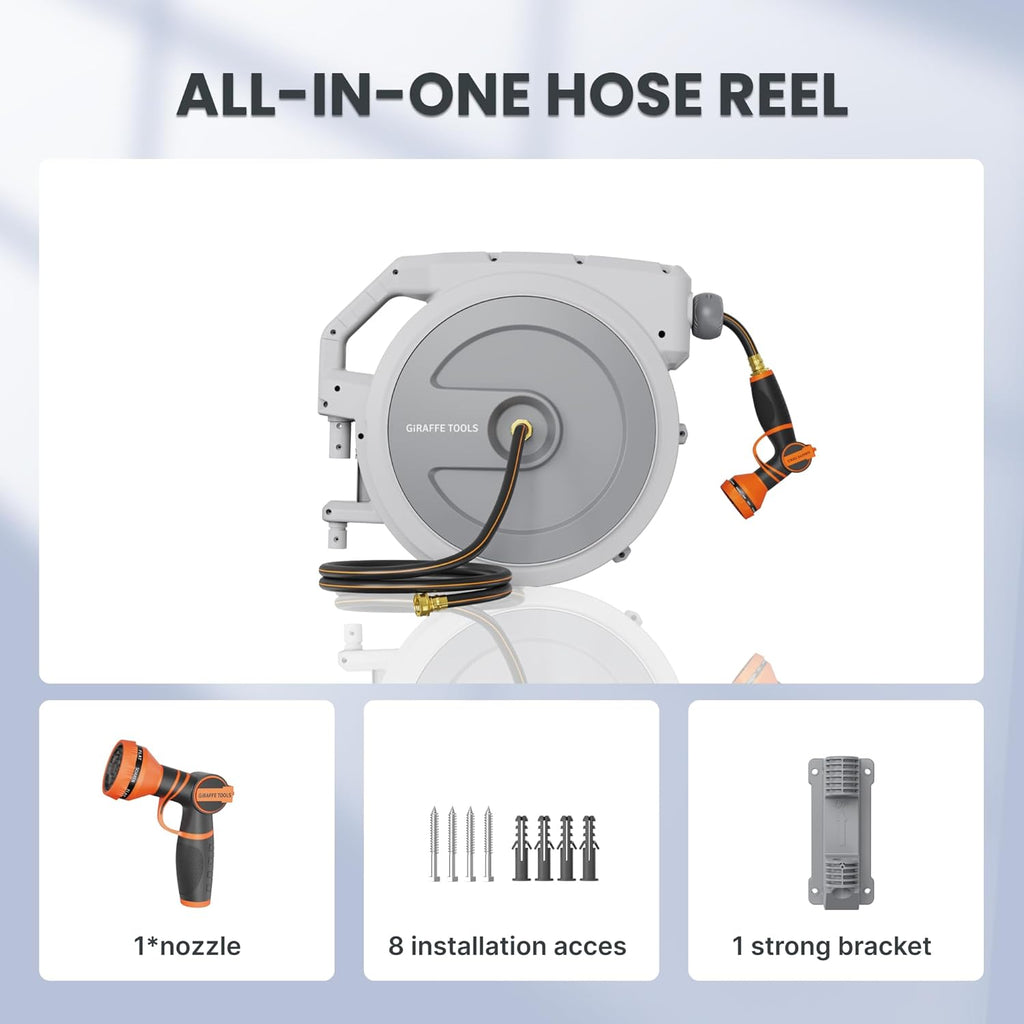 Giraffe Tools Heavy Duty Retractable Garden Hose Reel 1/2 130 FT, Wall Mounted with 9 Pattern Nozzle & Detachable Leader Hose, 180° Swivel Bracket, Any Length Lock, Commercial Grade (Light Grey)