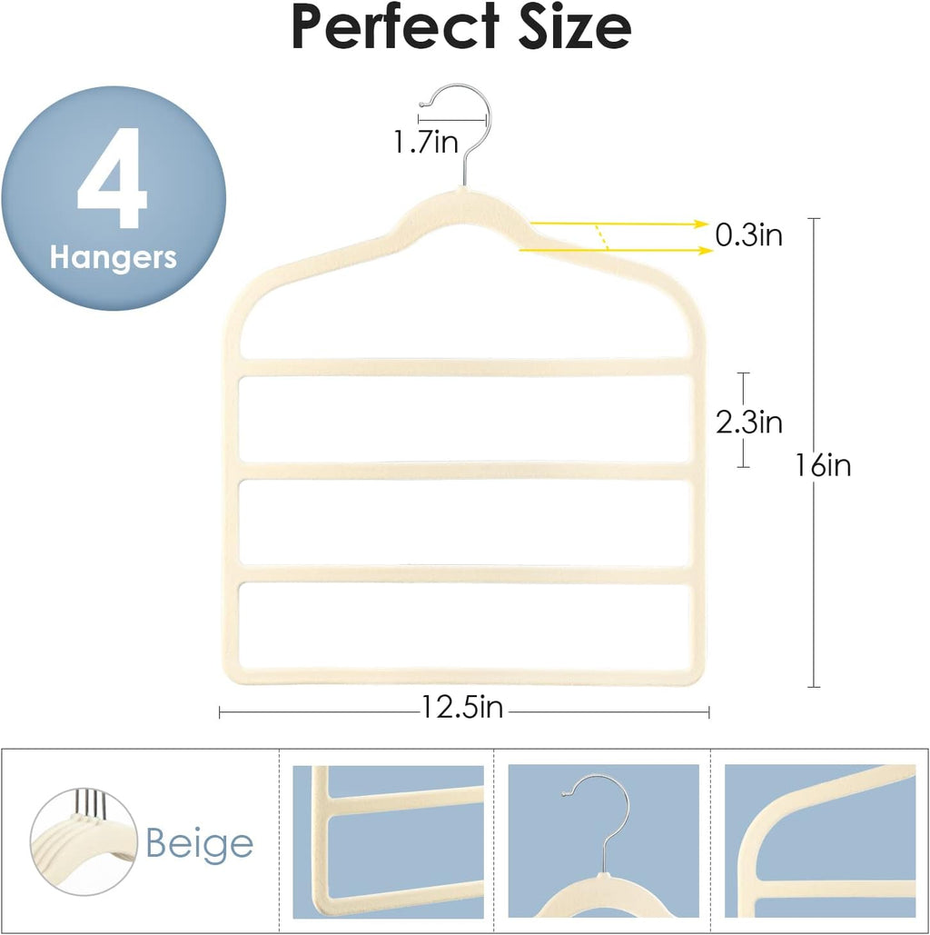 Velvet Hangers Space Saving Non Slip Pant Velvet Hangers, DUDUCOFU 4 Pack Beige Multi Layer Clothes Hangers Closet Organizer for Pants Trousers Scarf