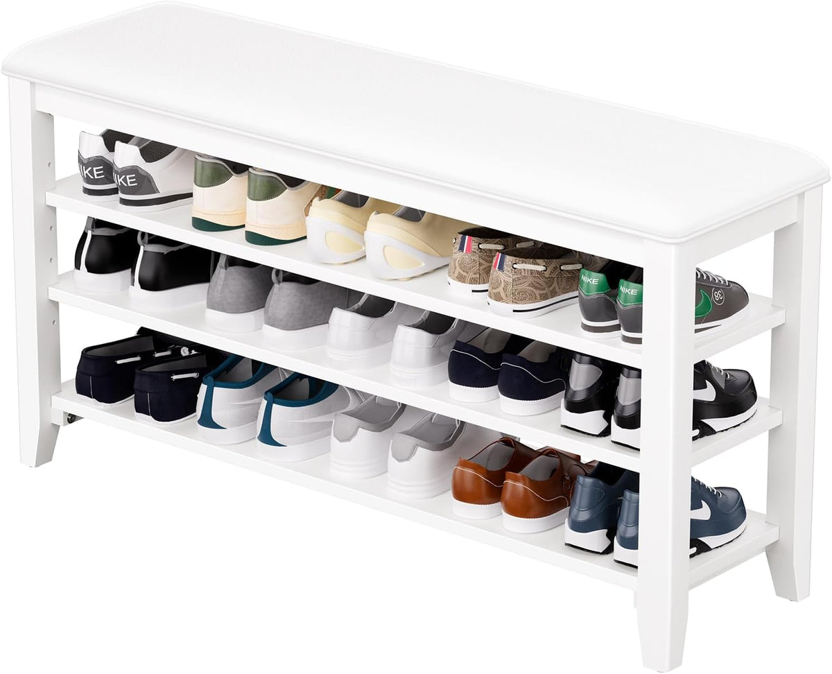 Shoe Rack Bench Entryway Storage with Leather Cushion, Shoe Organizer Bench for Entryway, Ideal for Front Doors Entrances Hallway Mudroom Featuring Rubberwood And 3 Height-Adjustable Removable Shelve
