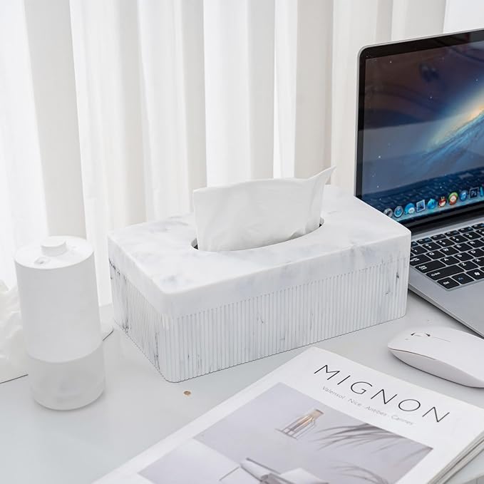 Marble Tissue Box Cover, Rectangular Napkin Facial Tissues Holder for Home Office, Hand Poured Marble Tissue Box Holder, 10 x 5.7 x 3.7 inches, White