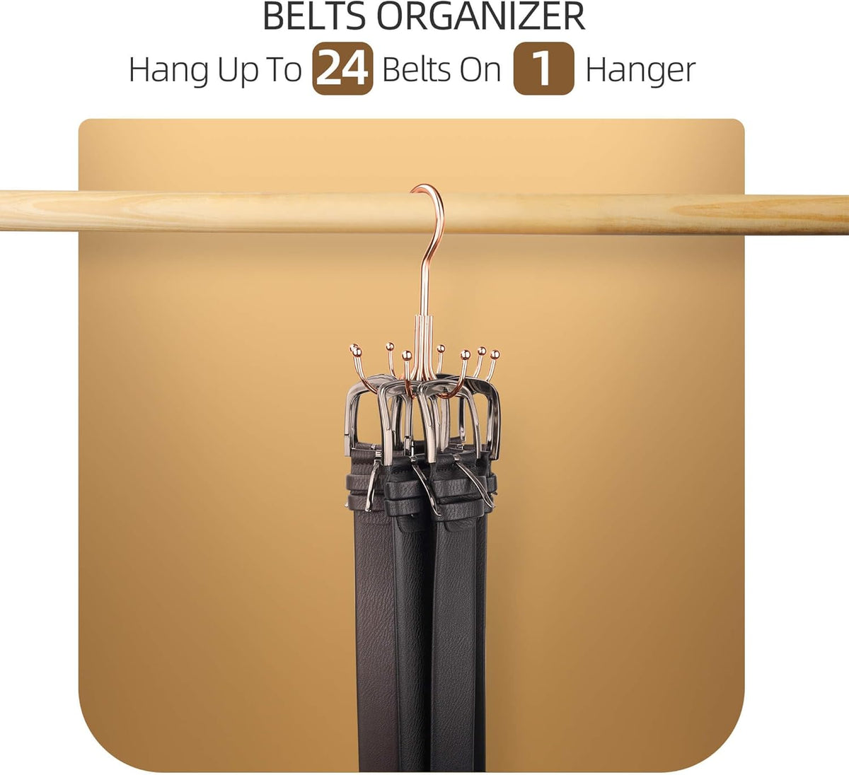 ZEDODIER Belt Hanger, 2 Pack Belt Rack Closet Accessories Organizer, Maximum 24 Storage Capacity, Hanging Holder Storage Hook for Belt, Bra, Tank Top, Tie, Scarf, Purse, Rose Gold