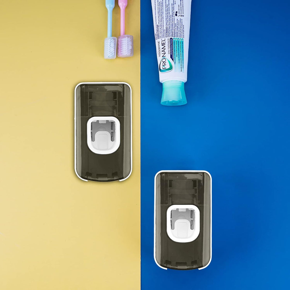 2 Slot Toothbrush Holder and Toothpaste Dispenser Wall Mounted, Automatic Toothpaste Squeezer, 2 in 1 Tooth Brush Toothpaste Organizer for Shower (Grey 2Pack)