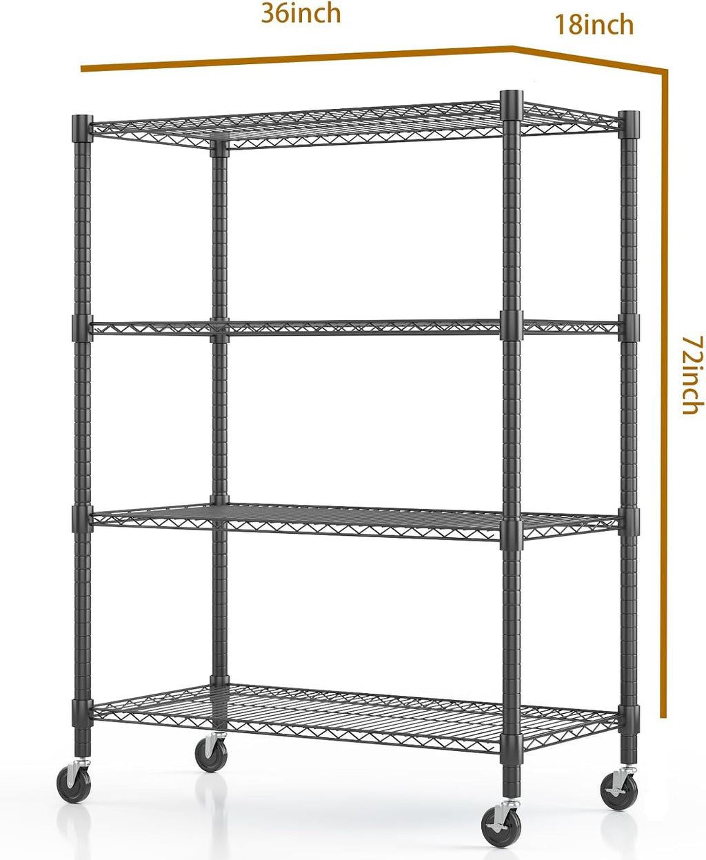 Himimi 18" D×36" W×72" H Storage Shelves with Wheels Metal Wire Shelving Unit 4 Tier Adjustable Shelving Heavy Duty Garage Shelf Organizer Rack Loads 1600LBS，Black