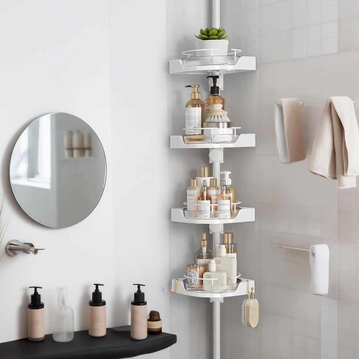 360° Rotating Corner Shower Caddy Tension Pole Organizer - 4-Tier Adjustable Rustproof Metal Pole, Plastic Shelves with Safety Guardrail, Bathroom Storage for Shower & Bathtub(White)