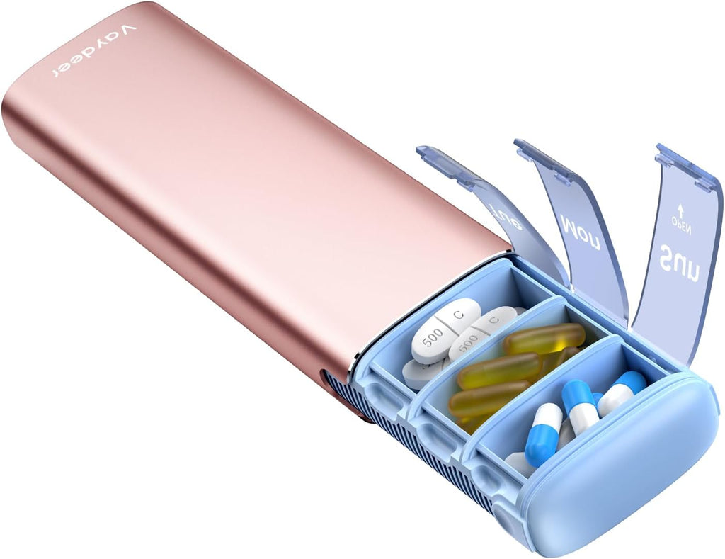 Vaydeer Metal Travel Pill Organizer – Compact Weekly Pill Box for Daily Medication – Portable Small Pill Case for Vitamins, Pills & Supplements (Rose Gold)