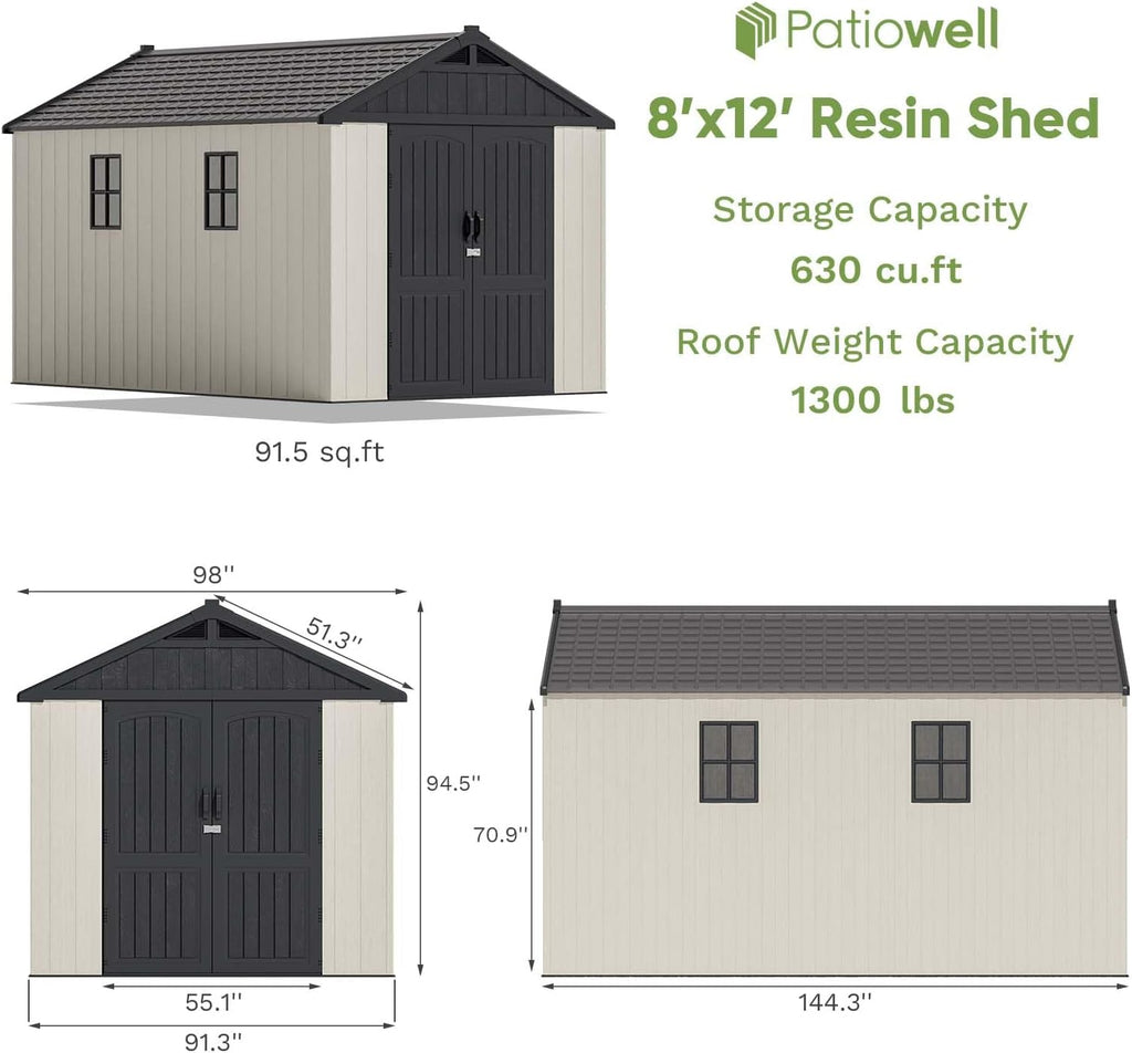 Patiowell 8 x 12 FT Plastic Outdoor Storage Shed with Floor, Resin Shed with Window and Lockable Door for Garden, Backyard, Tool Storage Use, Easy to Install in Beige (Kick-it Shed)