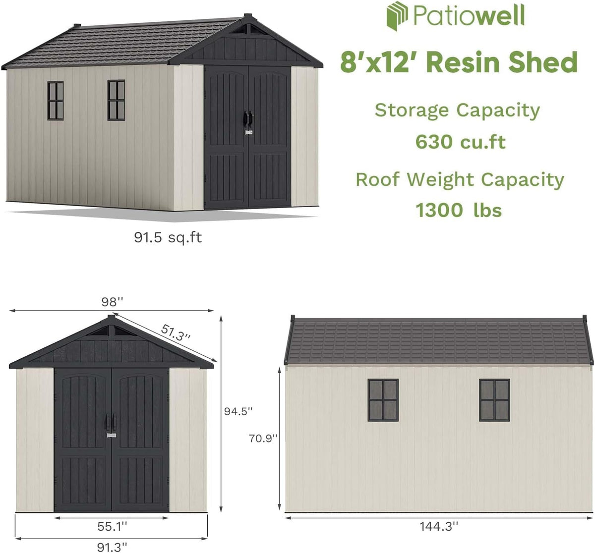 Patiowell 8 x 12 FT Plastic Outdoor Storage Shed with Floor, Resin Shed with Window and Lockable Door for Garden, Backyard, Tool Storage Use, Easy to Install in Beige (Kick-it Shed)