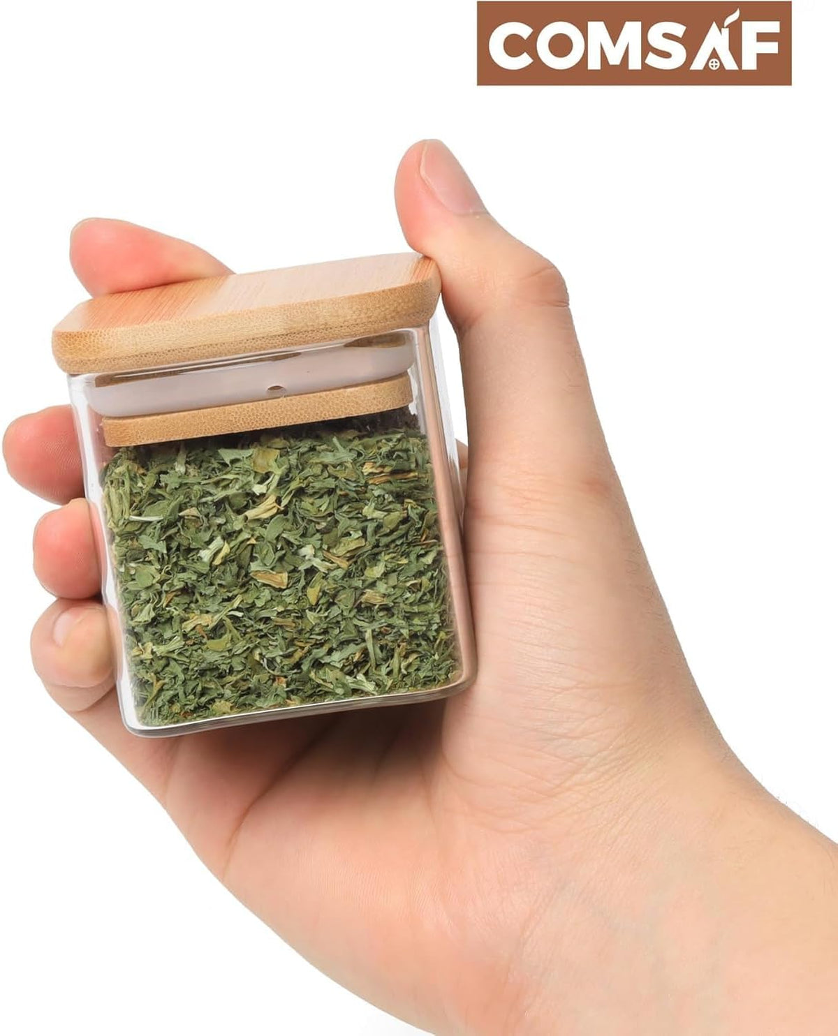 ComSaf Spice Jars with Labels 4 oz 6Pack, Small Spice Containers Starter Set, Glass Seasoning Jars with Lids, Square Seasoning Containers for Salt, Pepper, Chili Powder, Sugar, Ginger Ground, Cumin