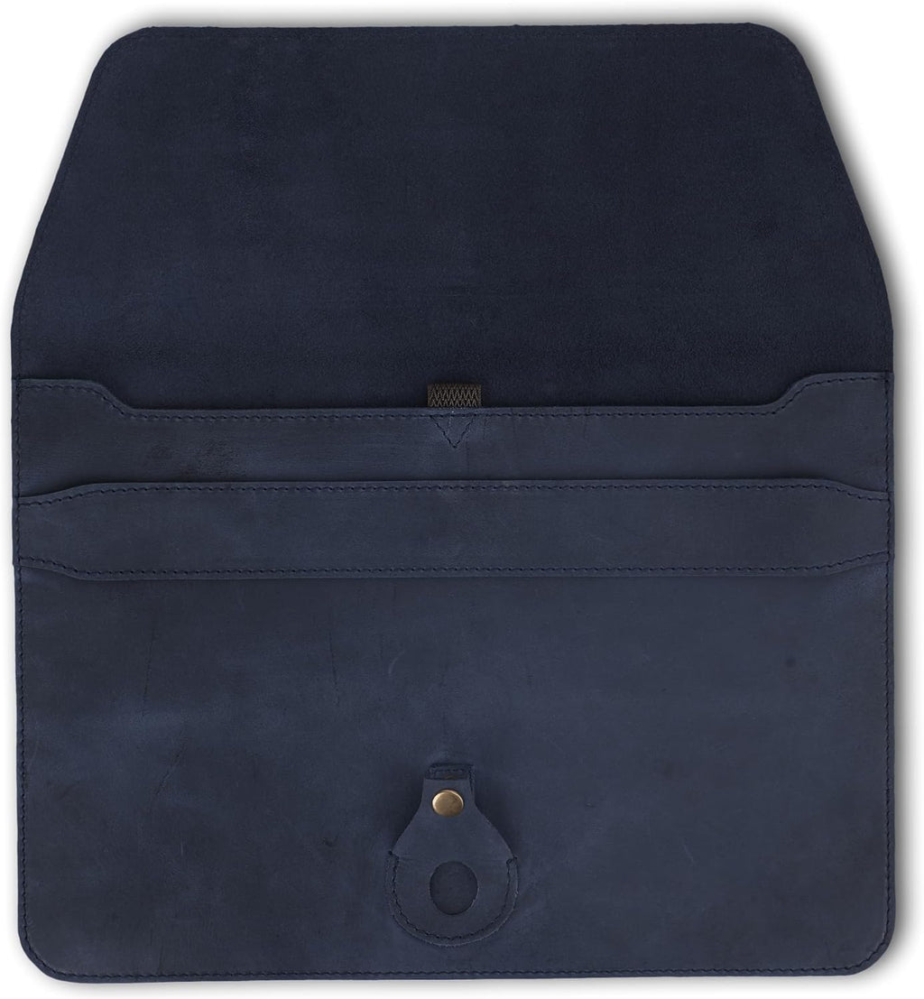 Genuine Leather Laptop Sleeve 13–14 Inch, Slim Laptop Case Compatible with Mac Pro 13 (M3, M2, M1 Chip) Mac Air 14 Surface 13.5 XPS 13/14 Yoga/IdeaPad, Blue Envelope Bag with Pen Holder
