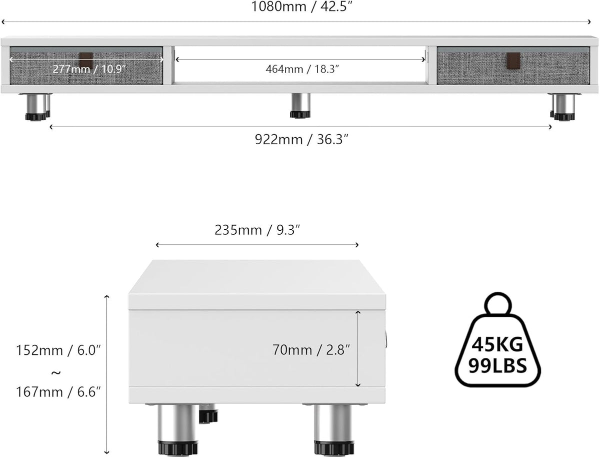 Fenge Dual Monitor Stand with 2 Drawers, 42.5 Inches Large Computer Riser for Desk, Adjustable Height Desk Shelf with Storage for Laptop, PC, TV, Printer