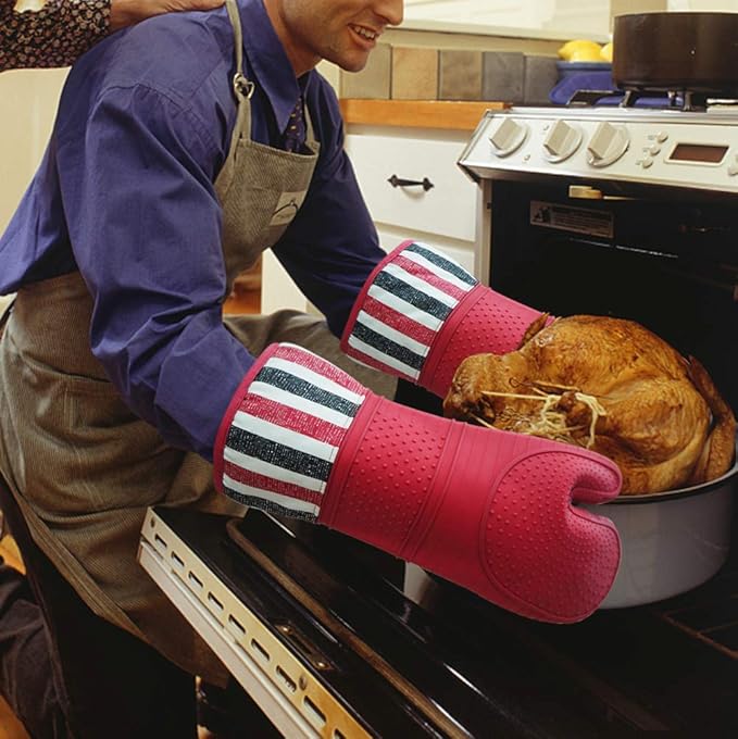 RED LMLDETA Heat Resistant 550 Degree Oven mitt, Silicone Oven Hot Mitts - 1 Pair, Extra Long Professional Baking Oven Gloves - Food Safe,Pot Holders Cooking,Grilling,Kitchen (red Mittens)