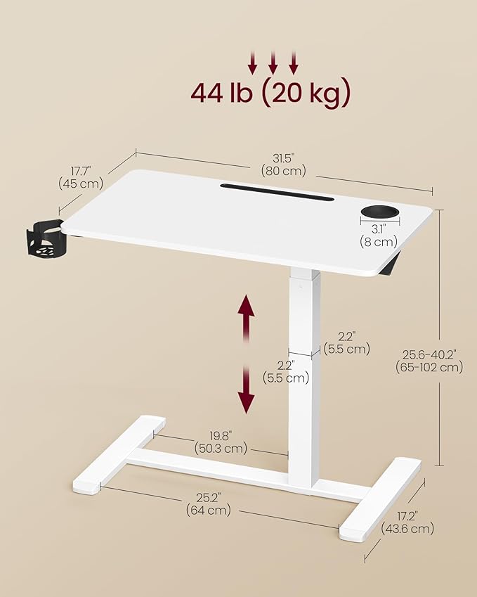 VASAGLE Overbed Table with Wheels, Mobile Standing Computer Desk, 31.5 x 17.7