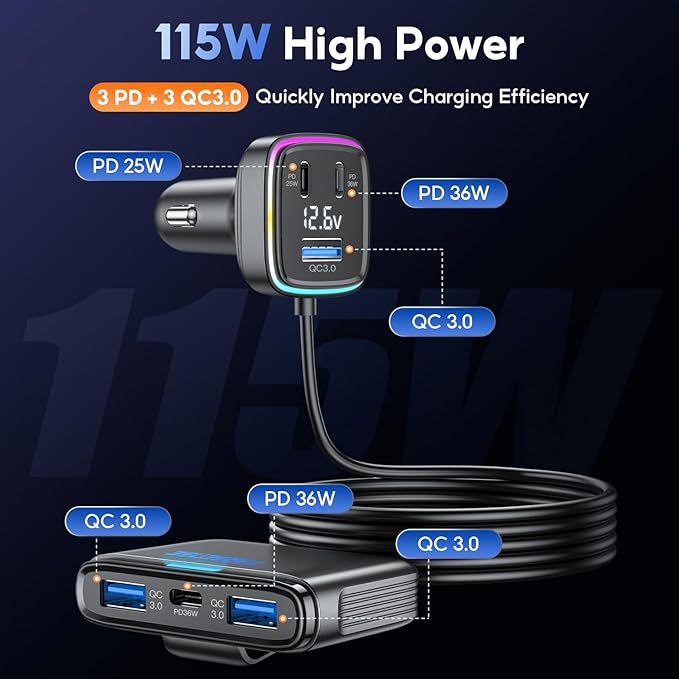 FARSENSE 115W 6-Port USB C Car Charger with PD Fast Charging & LED Display - Universal for iPhone, Samsung, iPad, Laptop
