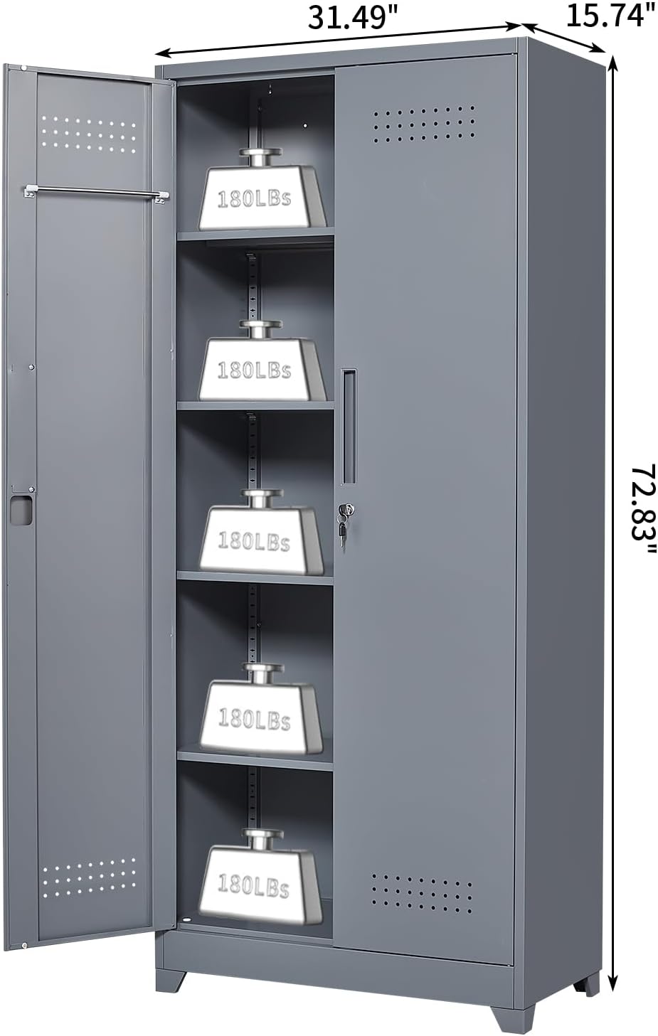 Metal Tool Storage Cabinet, Broom Closet with Hooks, 72.8" Tall Garage Cabinet with Shelves, Heavy-Duty Cleaning Storage for Utility Room, Gym, Office, Garage