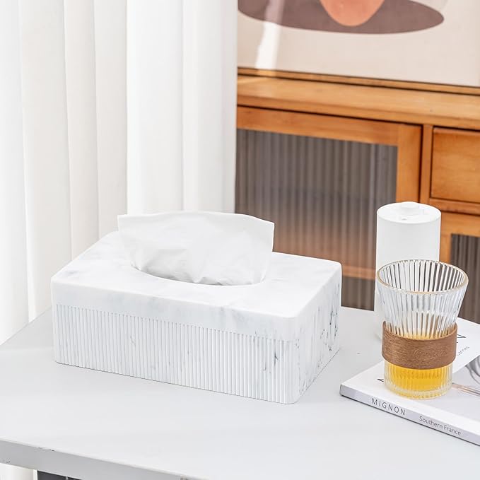 Marble Tissue Box Cover, Rectangular Napkin Facial Tissues Holder for Home Office, Hand Poured Marble Tissue Box Holder, 10 x 5.7 x 3.7 inches, White