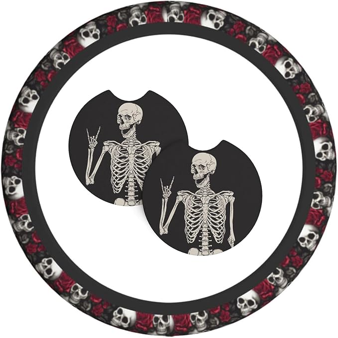 Skull Rose Steering Wheel Cover with 2 Car Coasters Non Slip Neoprene for Women Men Universal 15 Inch