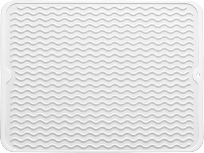 Silicone Dish Drying Mat for Multiple Usage,Easy clean,Eco-friendly,Heat-resistant Silicone Mat for Kitchen Counter or Sink,Refrigerator or drawer liner White L 16 inches x 12 inches