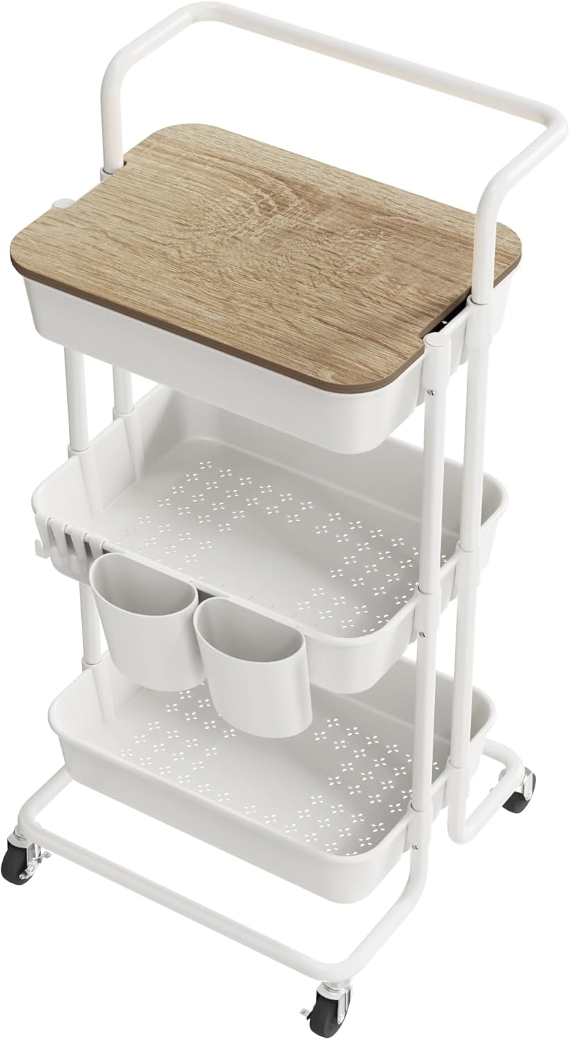 DTK 3 Tier Rolling Utility Cart with Cover Top Board, Movable Kitchen Storage Cart Trolley with Lockable Wheels, Cups, Hooks for Kitchen Bathroom Home Office Art Craft Storage and Organization(White)