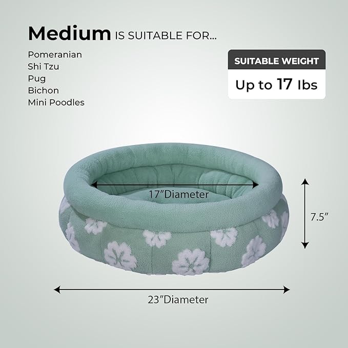 BALANCE Cat Beds for Indoor Cats, Washable Round Cat Bed, Cute 3D Flower Kitten Bed with Anti-Slip Bottom for Puppy and Kitten, 23 Inches, Green