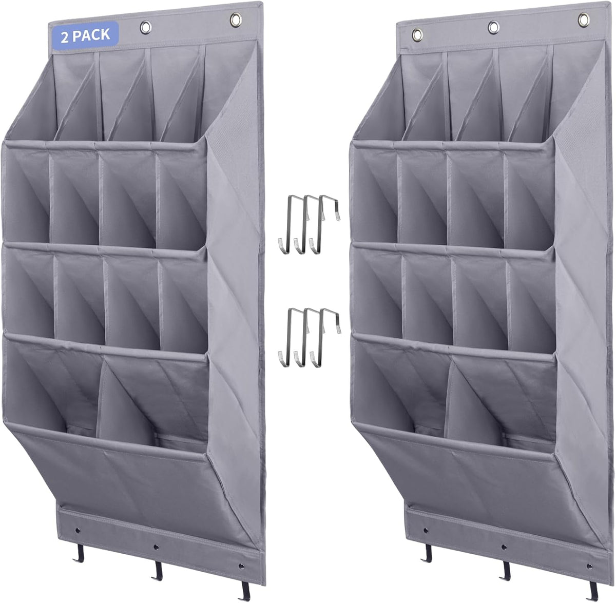 FENTEC 2 Pack Over the Door Shoe Organizer, Hanging Shoe Organizer Rack,24 Large Pockets and 4 Larger Storage Various Compartments with 6 Hooks, Home Accessories, Grey