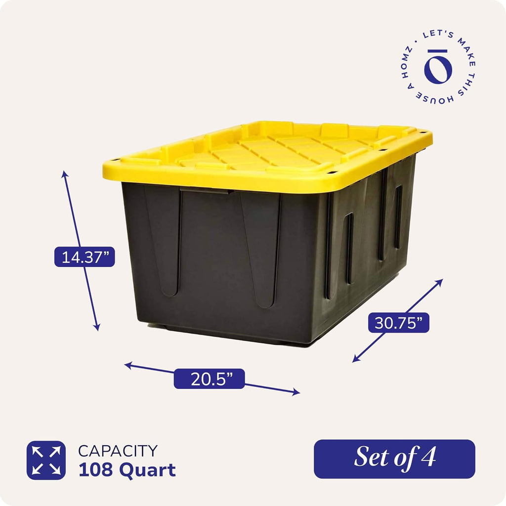 HOMZ 4-Pack Durabilt Tote, Heavy Duty Plastic Storage Bins with Lids, 27 Gallon, Black/Yellow - Stackable Organizing Containers for Home, Garage, and Shed