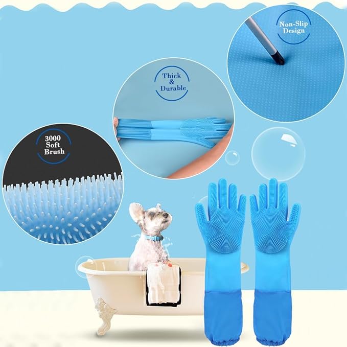1TO3GO Pet Grooming Gloves Pet Hair Remover Cat, Dog Washing Gloves Silicone Heat Resistant Cleaning Gloves with High-Density Teeth Grooming Gloves for Dogs, Cats, Horses (2 Pairs - Blue & Gray)