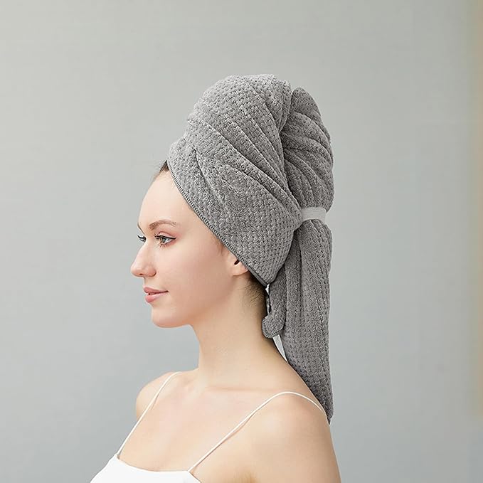 SURPRISE PIE Women Microfiber Hair Towel Wrap with Elastic Strap,Super Absorbent Anti Frizz Drying Turban for Curly, Long,Wet Hair- Grey