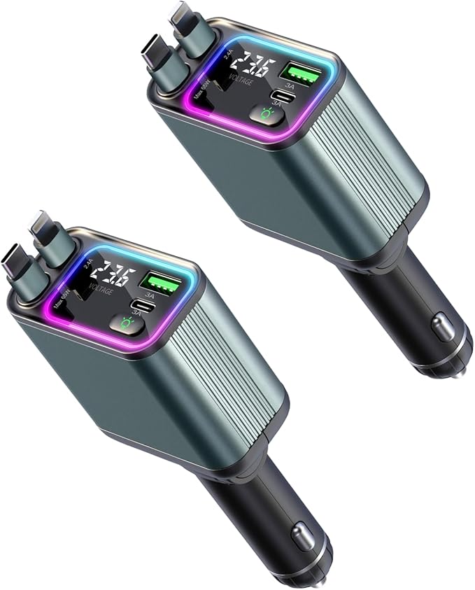 [2 Pack] 4 in 1 Retractable Car Charger with RGB Light, 92W Fast Charging USB C Car Adapter, Compact Car Phone Charger for iPhone/Galaxy/Pixel, Car Accessories for Women Men (Lightning + Type C Cable)