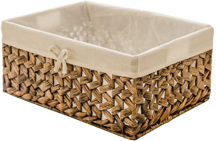 Rectangular Woven Seagrass Storage Bin with Handle,Kingwillow. (water hyacinth, Large)