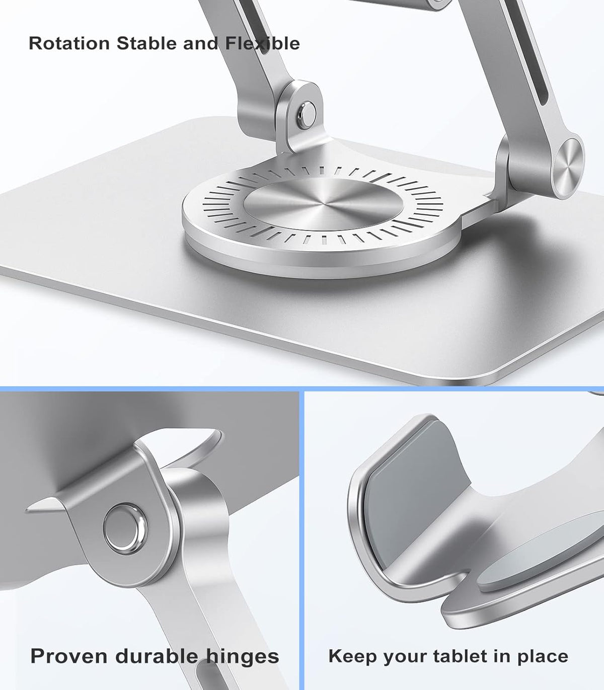 Tablet Stand, Swivel Ipad Stand with 360 Rotating Base, Adjustable Tablet Holder for Drawing, Compatible with iPad Pro/Air/Mini and More (Silver)